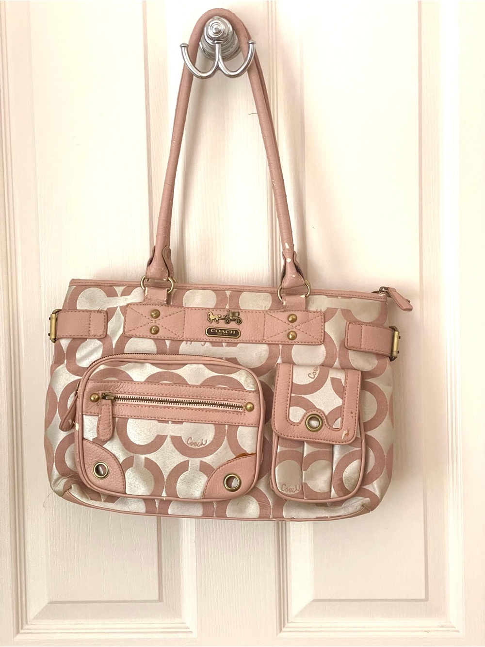 Extremely rare Coach Pink & Silver Op Art large satchel w/flaws
